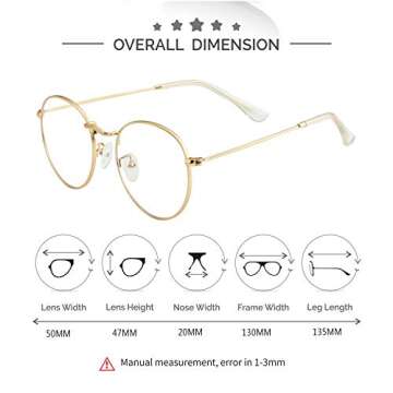 Kursan Round Blue Light Glasses for Women Men Retro Circle Metal Frame Clear Lens Eyeglasses (Gold)