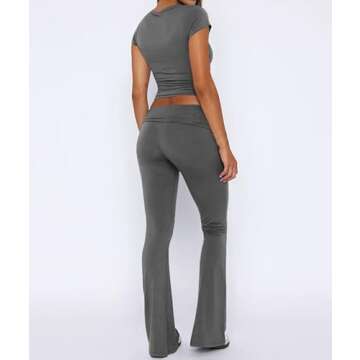 Ophestin Womens Y2k 2 Piece Tracksuit Crop Top Drawstring Bell Bottom Lounge Set Yoga Sweatsuit Dark Grey L