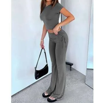 Ophestin Womens Y2k 2 Piece Tracksuit Crop Top Drawstring Bell Bottom Lounge Set Yoga Sweatsuit Dark Grey L