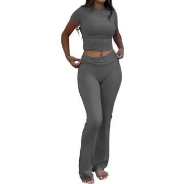 Ophestin Womens Y2k 2 Piece Tracksuit Crop Top Drawstring Bell Bottom Lounge Set Yoga Sweatsuit Dark Grey L