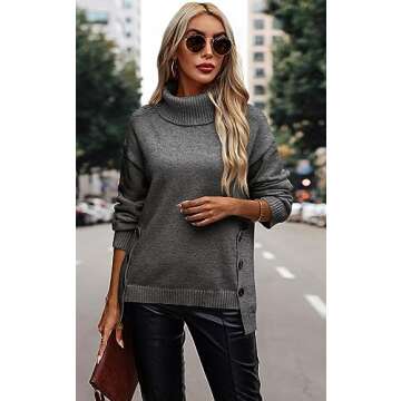 ECOWISH Women Fall Pullover Sweater Turtleneck Solid Long Sleeve Loose Casual Chunky Ribbed Knit Win...