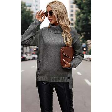 ECOWISH Women Fall Pullover Sweater Turtleneck Solid Long Sleeve Loose Casual Chunky Ribbed Knit Winter Sweaters Jumper Tops B-Gray XL