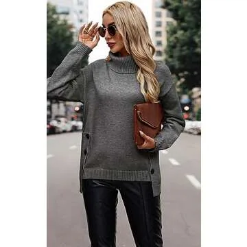 ECOWISH Women Fall Pullover Sweater Turtleneck Solid Long Sleeve Loose Casual Chunky Ribbed Knit Winter Sweaters Jumper Tops B-Gray XL