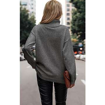 ECOWISH Women Fall Pullover Sweater Turtleneck Solid Long Sleeve Loose Casual Chunky Ribbed Knit Winter Sweaters Jumper Tops B-Gray XL