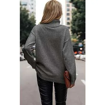 ECOWISH Women Fall Pullover Sweater Turtleneck Solid Long Sleeve Loose Casual Chunky Ribbed Knit Winter Sweaters Jumper Tops B-Gray XL