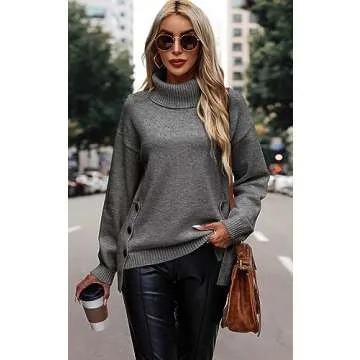 ECOWISH Women Fall Pullover Sweater Turtleneck Solid Long Sleeve Loose Casual Chunky Ribbed Knit Winter Sweaters Jumper Tops B-Gray XL