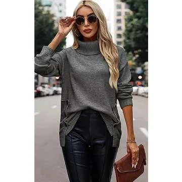 ECOWISH Women Fall Pullover Sweater Turtleneck Solid Long Sleeve Loose Casual Chunky Ribbed Knit Winter Sweaters Jumper Tops B-Gray XL