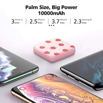 Yoobao Portable Charger 10000mAh, Cute Power Bank USB-C for Girls Travel, 2 Outputs & 2 Inputs (5V/2.1A), Mini Phone Battery Pack for iPhone 14/13/12/11/X, Android, iPad, Samsung, Google (Strawberry)