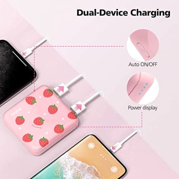 Yoobao Portable Charger 10000mAh, Cute Power Bank USB-C for Girls Travel, 2 Outputs & 2 Inputs (5V/2.1A), Mini Phone Battery Pack for iPhone 14/13/12/11/X, Android, iPad, Samsung, Google (Strawberry)