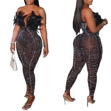 PORRCEY Sexy Women Hot Drilling Process Off Shoulder Feather Deep V Neck Party Club Night Outfit Bodycon Jumpsuit(K2762,Black,S)