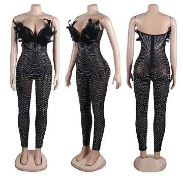 PORRCEY Sexy Women Hot Drilling Process Off Shoulder Feather Deep V Neck Party Club Night Outfit Bodycon Jumpsuit(K2762,Black,S)