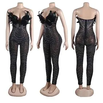 PORRCEY Sexy Women Hot Drilling Process Off Shoulder Feather Deep V Neck Party Club Night Outfit Bodycon Jumpsuit(K2762,Black,S)