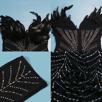 PORRCEY Sexy Women Hot Drilling Process Off Shoulder Feather Deep V Neck Party Club Night Outfit Bodycon Jumpsuit(K2762,Black,S)