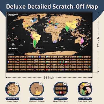 Landmass Scratch Off Map Of The World - Black Scratch Off World Map Poster with Flags - World Map Sc...