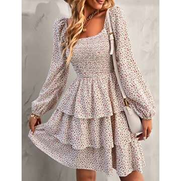 BTFBM Women Square Neck Smocked Dresses 2025 Summer Fall Long Sleeve Floral Swiss Dot Mini Boho Wedd...