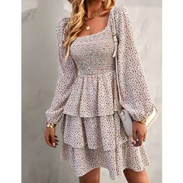 BTFBM Women Square Neck Smocked Dresses 2025 Summer Fall Long Sleeve Floral Swiss Dot Mini Boho Wedding Guest Dress(Floral White Red, Medium)