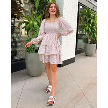BTFBM Women Square Neck Smocked Dresses 2025 Summer Fall Long Sleeve Floral Swiss Dot Mini Boho Wedding Guest Dress(Floral White Red, Medium)