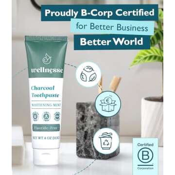 Wellnesse Activated Charcoal Whitening Toothpaste with Xylitol - Natural Teeth Whitening & Breath Freshness + Fluoride-Free, Vegan, No Glycerin - Whitens, Strengthens, & Purifies