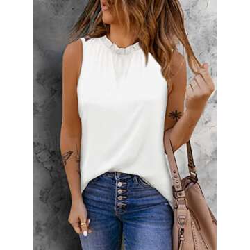 AlvaQ Women Summer Casual Tank Ruffle Trim Chiffon Sleeveless Tops and Blouses White Small