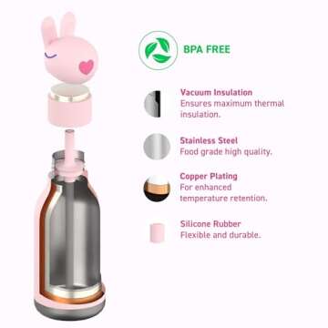 asobu Bestie Bottle Insulated Stainless Steel Water Bottle with Detachable Soft Animal Head Fun Drinking For Kids and Teens with Flexible Reusable Straw 16 Ounce (Bunny)