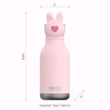 asobu Bestie Bottle Insulated Stainless Steel Water Bottle with Detachable Soft Animal Head Fun Drinking For Kids and Teens with Flexible Reusable Straw 16 Ounce (Bunny)
