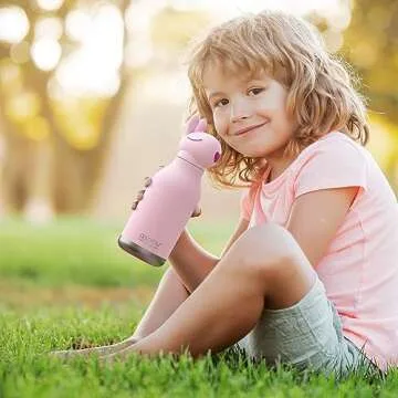 asobu Bestie Bottle Insulated Stainless Steel Water Bottle with Detachable Soft Animal Head Fun Drinking For Kids and Teens with Flexible Reusable Straw 16 Ounce (Bunny)