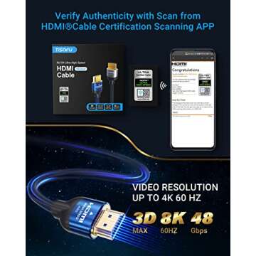 TISOFU【Ultra Certified 10K 8K HDMI Cable 10FT: HDMI 2.1 Cables 48Gbps High Speed Premium Braided C...