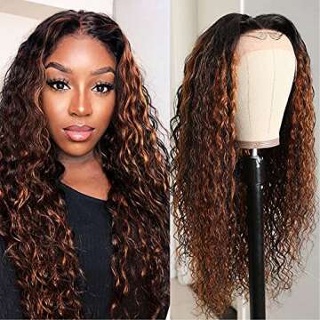 UNICE FB30 Ombre Brown Highlight Water Wave 13X4 Lace Front Wigs Human Hair for Women Brazilian Remy Hair Balayage Brown Lace Frontal Wig Free Part Pre-Plucked with Baby Hair 150 Density 14Inch
