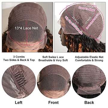 UNICE FB30 Ombre Brown Highlight Water Wave 13X4 Lace Front Wigs Human Hair for Women Brazilian Remy Hair Balayage Brown Lace Frontal Wig Free Part Pre-Plucked with Baby Hair 150 Density 14Inch