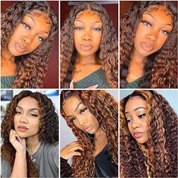 UNICE FB30 Ombre Brown Highlight Water Wave 13X4 Lace Front Wigs Human Hair for Women Brazilian Remy Hair Balayage Brown Lace Frontal Wig Free Part Pre-Plucked with Baby Hair 150 Density 14Inch
