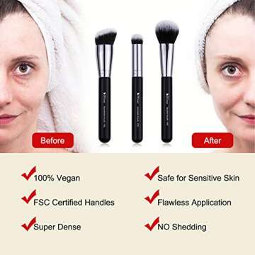 DUcare Makeup Kabuki Brushes 3Pcs Foundation Contour Brush& Concealer Brush Under Eye& Blusher Brush Face Blush Bronzer Travel Buffing Stippling Contour Liquid Blending Makeup brush set Black