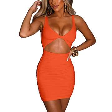 Kaximil Women's Sexy Bodycon Sleeveless Cut Out Ruched Tank Mini Club Party Dresses, Small, Orange