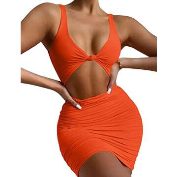 Kaximil Women's Sexy Bodycon Sleeveless Cut Out Ruched Tank Mini Club Party Dresses, Small, Orange