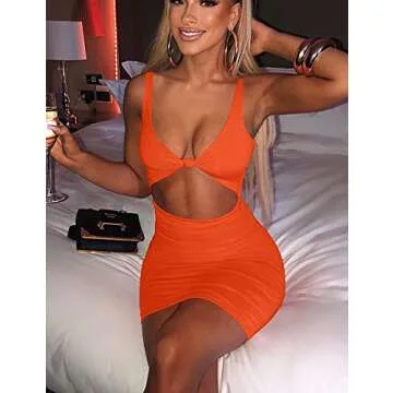Kaximil Women's Sexy Bodycon Sleeveless Cut Out Ruched Tank Mini Club Party Dresses, Small, Orange
