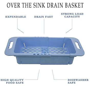 MineSign Extendable Over the Sink Colander Fruits and Vegetables Washing Basket Adjustable Strainer Sink Dish Drying Rack for Kitchen (Beige)