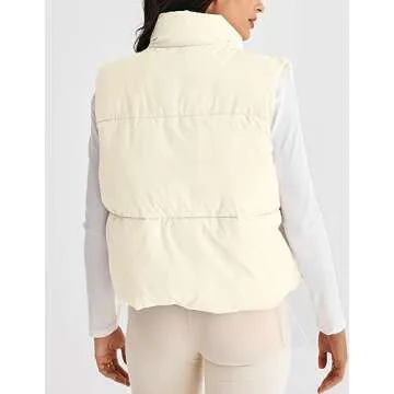 MEROKEETY Womens Puffer Vest Stand Collar Zip Up Sleeveless Padded Gilet Coat with Pockets, Beige, Large