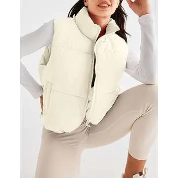 MEROKEETY Womens Puffer Vest Stand Collar Zip Up Sleeveless Padded Gilet Coat with Pockets, Beige, Large