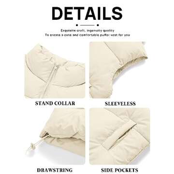 MEROKEETY Womens Puffer Vest Stand Collar Zip Up Sleeveless Padded Gilet Coat with Pockets, Beige, Large