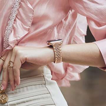 Missair Compatible with Apple Watch Band 38mm 40mm 41mm 42mm 44mm 45mm Series 8 7 6 5 4 3 2 1 SE, Women Diamond Bling Bracelet Jewelry Metal Replacement Wristband Strap for iWatch, Rosegold