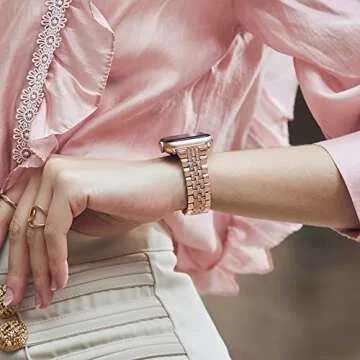 Missair Compatible with Apple Watch Band 38mm 40mm 41mm 42mm 44mm 45mm Series 8 7 6 5 4 3 2 1 SE, Women Diamond Bling Bracelet Jewelry Metal Replacement Wristband Strap for iWatch, Rosegold