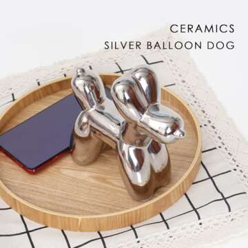 Notakia Large Silver Cute Ceramics Balloon Dog Statue Craft for Home Accents