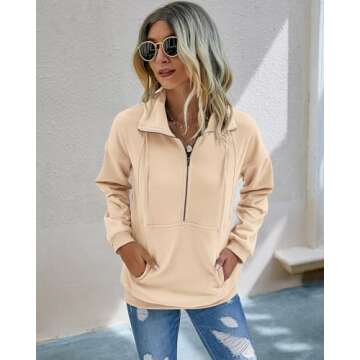 PRETTYGARDEN Women's Casual Long Sleeve Lapel Zipper Sweatshirt Drawstring Loose Pullover Tops (Apri...
