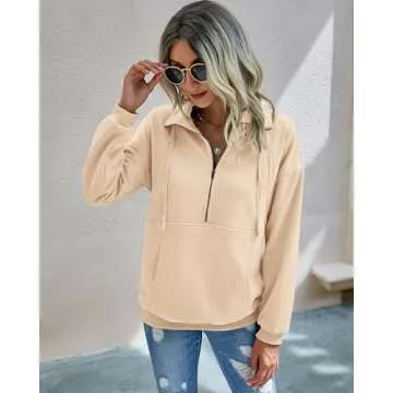 PRETTYGARDEN Women's Casual Long Sleeve Lapel Zipper Sweatshirt Drawstring Loose Pullover Tops (Apricot, Medium)