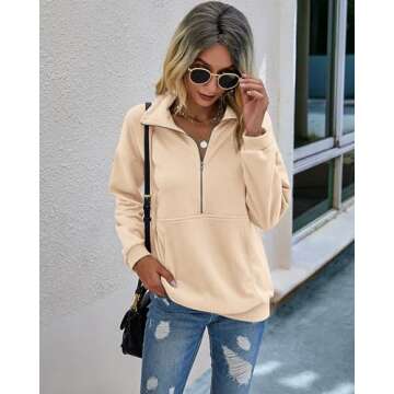 PRETTYGARDEN Women's Casual Long Sleeve Lapel Zipper Sweatshirt Drawstring Loose Pullover Tops (Apricot, Medium)