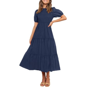ZESICA Women's Casual Summer Crew Neck Short Puff Sleeve Midi Dress - Navy, Medium