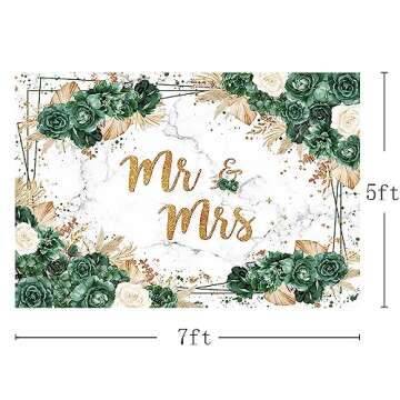 MEHOFOND 7x5ft Boho Wedding Backdrop Mr & Mrs Bridal Shower Photography Background Green and Gold Wedding Bachelorette Bride to Be Banner Engagement Party Decorations Marble Floral Photo Booth Props