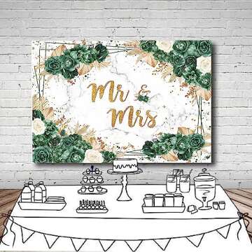 MEHOFOND 7x5ft Boho Wedding Backdrop Mr & Mrs Bridal Shower Photography Background Green and Gold Wedding Bachelorette Bride to Be Banner Engagement Party Decorations Marble Floral Photo Booth Props