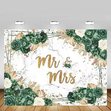 MEHOFOND 7x5ft Boho Wedding Backdrop Mr & Mrs Bridal Shower Photography Background Green and Gold Wedding Bachelorette Bride to Be Banner Engagement Party Decorations Marble Floral Photo Booth Props