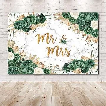MEHOFOND 7x5ft Boho Wedding Backdrop Mr & Mrs Bridal Shower Photography Background Green and Gold Wedding Bachelorette Bride to Be Banner Engagement Party Decorations Marble Floral Photo Booth Props
