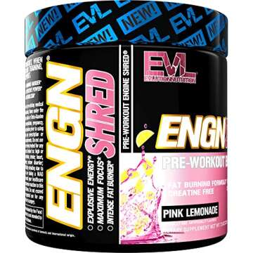 EVL Ultimate Pre Workout Powder - Thermogenic Fat Burn Support Preworkout Powder Drink for Lasting Energy Focus and Stamina - ENGN Shred Intense Creatine Free Preworkout Drink Mix - Pink Lemonade